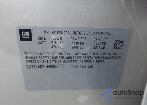 2014 Chevrolet Impala Lt z USA, uszkodzony, nr VIN 2G1125S39E9255688